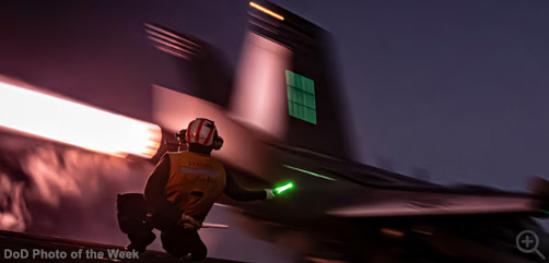 A Navy E/A-18G Growler launches from the USS Nimitz during flight operations in the U.S. Central Command area of responsibility, Aug. 30, 2025.  Image: DoD