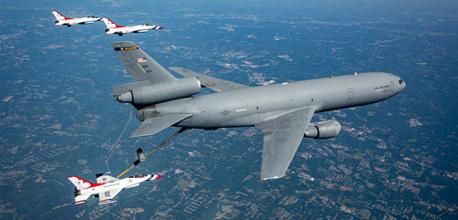 The Thunderbirds, the Air Force's flight demonstration squadron, refuel via a KC-10 Extender en route to Washington, D.C., to conduct a flyover honoring front line COVID-19 first responders and essential workers, May 2, 2020.
