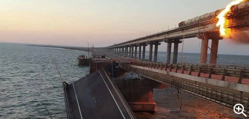 Damage to the Kirch Strait Bridge connecting the occupied Crimean Peninsula with the Russian mainland. ALLOW IMAGES.
