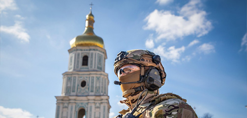 Ukranian soldier on patrol near St. Michael's Golden-Domed Monastery in Kyiv. - ALLOW IMAGES