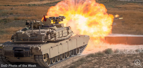 An Army M1A2SEP tank assigned to the Oregon National Guard's 3rd Battalion, 116th Cavalry Regiment fires from a battle position during Table VI gunnery training at Orchard Combat Training Center, Idaho, July 27, 2025.   Image: DoD - ALLOW IMAGES