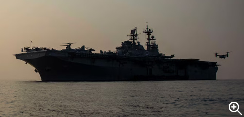 A Marine Corps MV-22 Osprey prepares to land on the flight deck of the USS Makin Island in the Gulf of Thailand, Feb. 22, 2023. Image: DoD