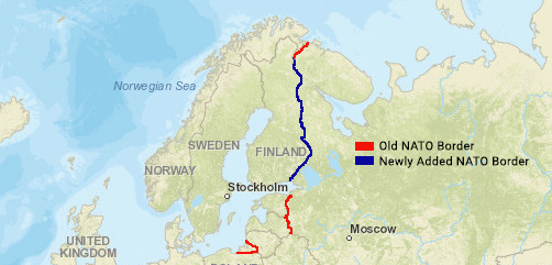 Map showing expanded NATO borders with the addition of Finland to the alliance.