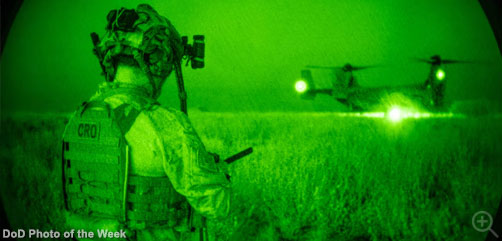 An airman assigned to the 82nd Expeditionary Rescue Squadron secures the landing zone after being dropped off by an MV-22B Osprey during a personnel recovery training exercise near Camp Lemonnier, Djibouti, Dec. 15, 2024. The exercise challenged Marines and airmen to deliver vital care in low-light and high-pressure environments. Image: DoD - ALLOW IMAGES