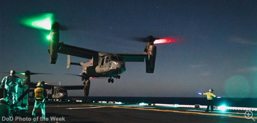 A U.S. Marine Corps MV-22B Osprey with Marine Medium Tiltrotor Squadron (VMM) 163 (Reinforced), 11th Marine Expeditionary Unit, lands on the flight deck of Wasp-class amphibious assault ship USS Boxer (LHD 4) in the Pacific Ocean, Dec. 3, 2025.  Image: DoW - ALLOW IMAGES.