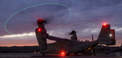 Marines assigned to Marine Light Attack Helicopter Squadron 367, Marine Aircraft Group 39, 3rd Marine Aircraft Wing, disembark an MV-22B Osprey assigned to Marine Medium Tiltrotor Squadron 164, Marine Aircraft Group 39, in support of a deployment for a training exercise at Marine Corps Base Camp Pendleton, Calif., Feb. 12, 2026.  Image: DoW - ALLOW IMAGES.