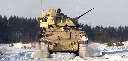 Soldiers maneuver to the firing line for execution of gunnery table V at General Silvestras Žukauskas Training Area, Pabrade, Lithuania, Jan. 12, 2026.  Image: DoW - ALLOW IMAGES.