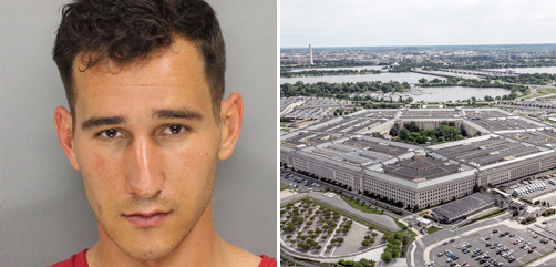 LEFT: Pentagon attacker Austin William Lanz, 27, of Acworth, GA. RIGHT: An aerial view of the Pentagon, May 11, 2021. - ALLOW IMAGES