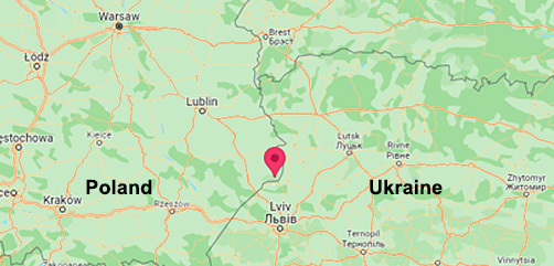Map of the border region of Poland and Ukraine. The marker identifies the location of the town of Przewodów where a deadly missile strike occurred. - ALLOW IMAGES