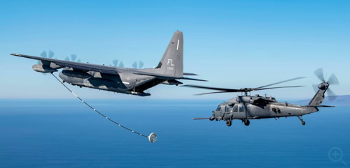 An Air Force HH-60G Pave Hawk helicopter and an HC-130J Combat King II aircraft prepare to conduct an aerial refueling over California, Dec. 5, 2023, during Distant Fury Stallion. The exercise tested interoperability.  Image: DoD  - ALLOW IMAGES