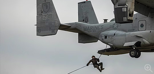 A Marine rappels out of an MV-22 Osprey during a helicopter rope suspension techniques course at Marine Corps Base Camp Pendleton, Calif., June 14, 2023. 
Image: DoD - ALLOW IMAGES