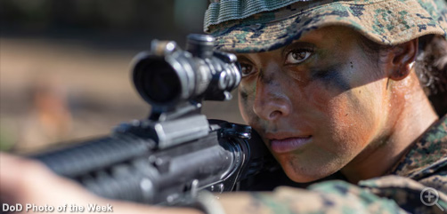 Marine Corps Cpl. Ava Alegria aims a rifle during a Corporals Course culminating event at Marine Corps Recruit Depot Parris Island, S.C., Feb 4, 2025. The specialized training program was designed to develop leadership skills and tactical proficiency among noncommissioned officers. Image: DoD - ALLOW IMAGES