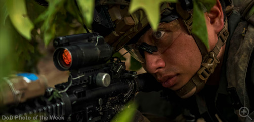 A soldier simulates providing security at night during Exercise Devil Avalanche at Fort Bragg, N.C., July 22, 2025. The field training exercise trains soldiers to operate in darkness and builds key weapon systems proficiencies. Image: DoD - ALLOW IMAGES