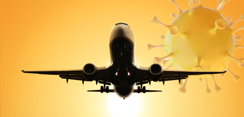 Aircraft takeoff with coronavirus molecule background.  - ALLOW IMAGES