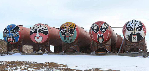 Members of China's Antarctic exploration team at the Zhongshan Station in South Pole have painted oil tankers with faces of Peking Opera characters. Image: Xinhua - ALLOW IMAGES
