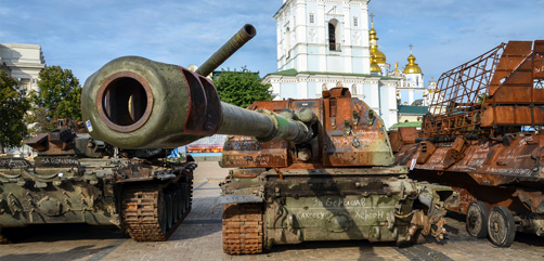 Burned and damaged self-propelled howitzer displayed at St. Michael's Square in Kyiv during an exhibition of Russian military equipment. Image: DepositPhotos.com - ALLOW IMAGES