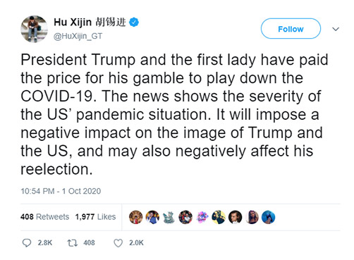 Twitter message from Hu Xijin, Editor of the Chinese state-owned Global Times. - ALLOW IMAGES