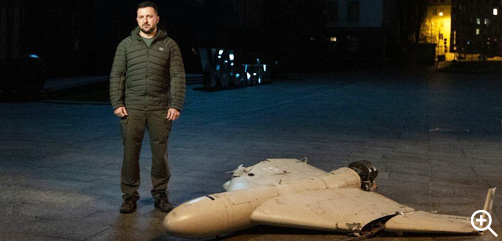 Ukrainian President Volodymyr Zelenskyy stands next to the wreckage of an Iranian Shahed-136 drone, which Iran denies having supplied to Russia, and which Russia uses to attack Ukrainian civilian targets and critical infrastructure.- ALLOW IMAGES
